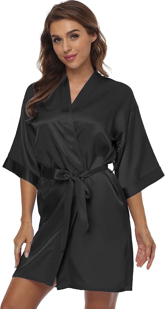 Womens Satin Kimono Robe V Neck Bridesmaid Bathrobe Wedding Party Lounging Short S-XXL