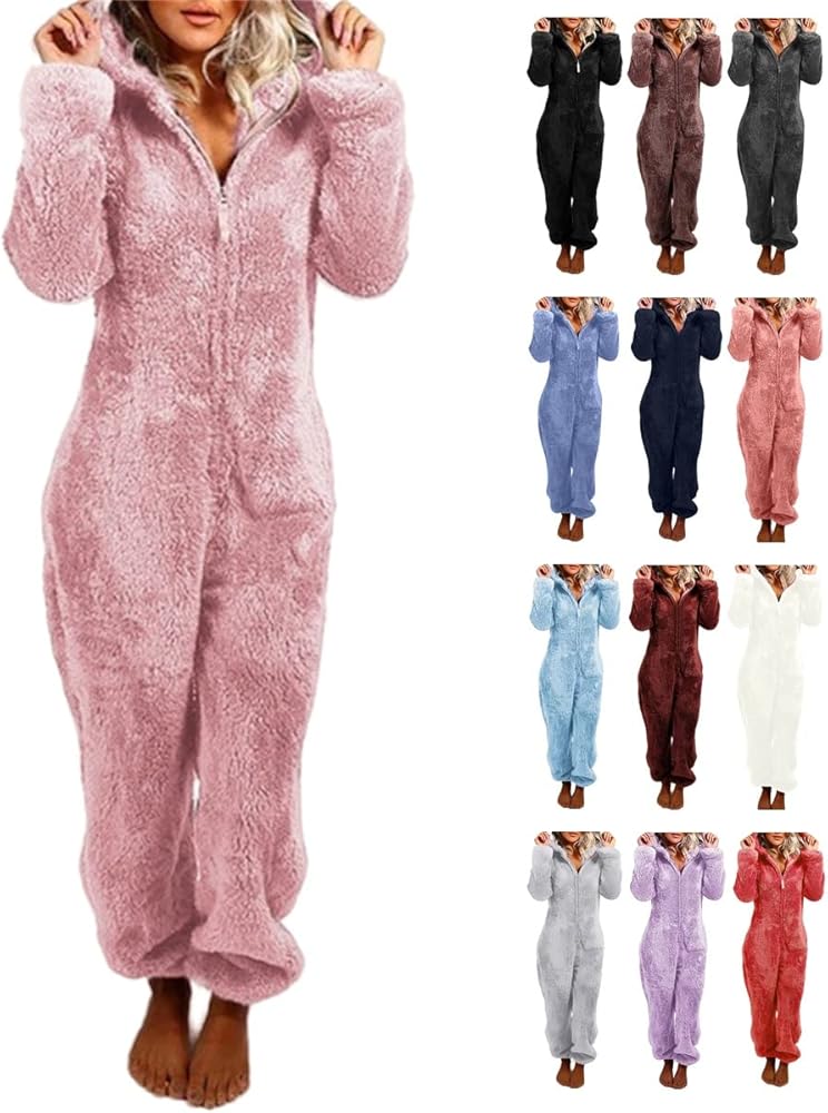 Womens Warm Fleece Onesies Pajamas Plus Size Sherpa Jumpsuit Winter Soft Hooded Zipper Sleepwear Playsuit Loungewear