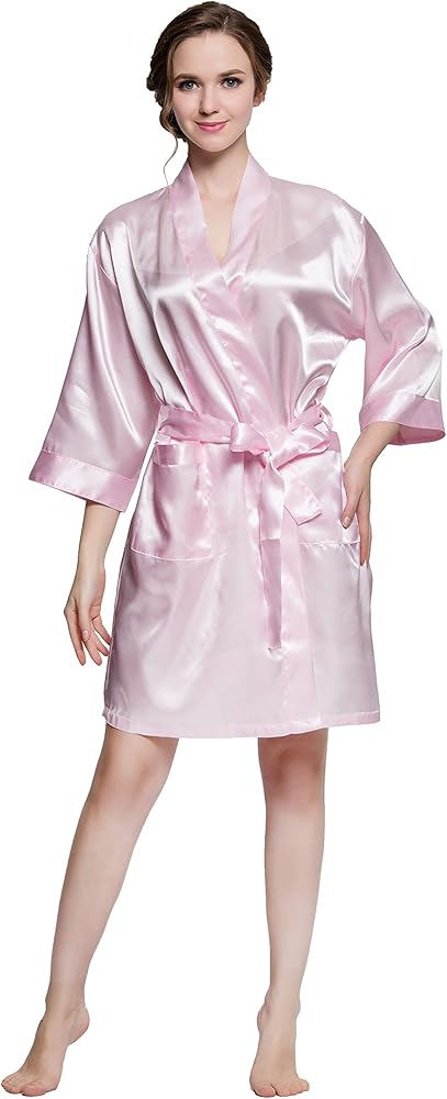 Lavenderi Women’s Short Silk Satin Bridesmaid Bride Party Kimono Robe, Pure Wedding Bridal Party Robe