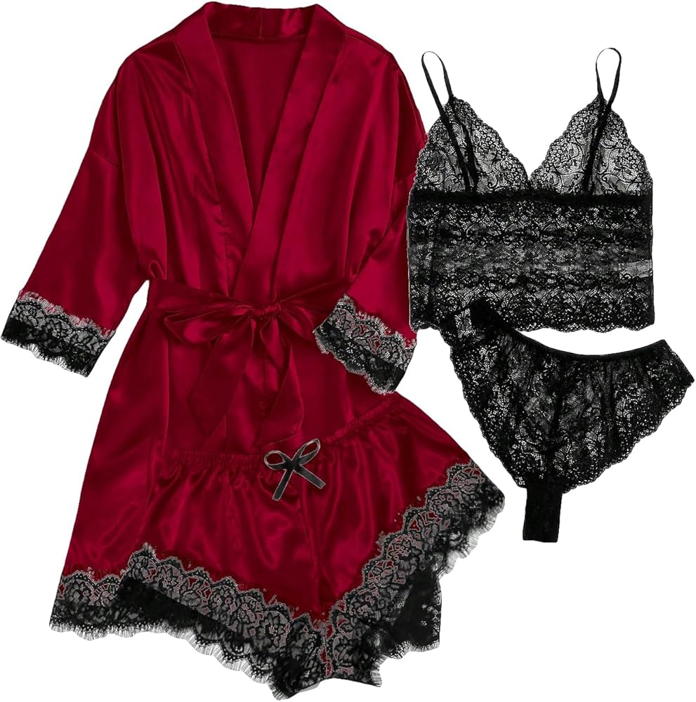 SOLY HUX Women's Satin Pajama Set 4pcs Floral Lace Trim Cami Lingerie Sleepwear with Robe