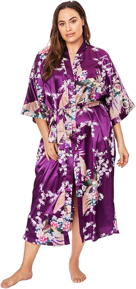 KIM+ONO Plus Size Women's Satin Kimono Robe Long - Floral