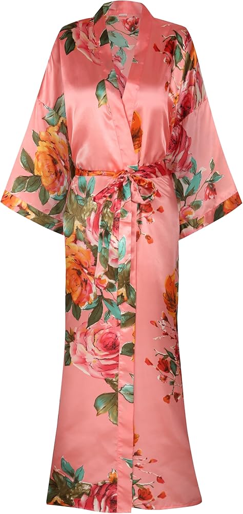 Womens Silk Kimono Robe Long Floral Bridesmaids Robe Satin Wedding Party Bridal Robe Dressing Gown Loungewear