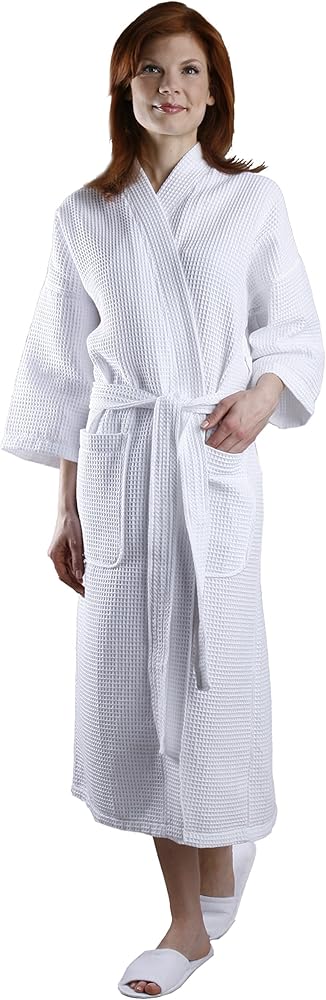 MONARCH Square Waffle Spa Kimono Robe - Soft Light Hotel Bathrobe Cypress (One Size/Large, White)