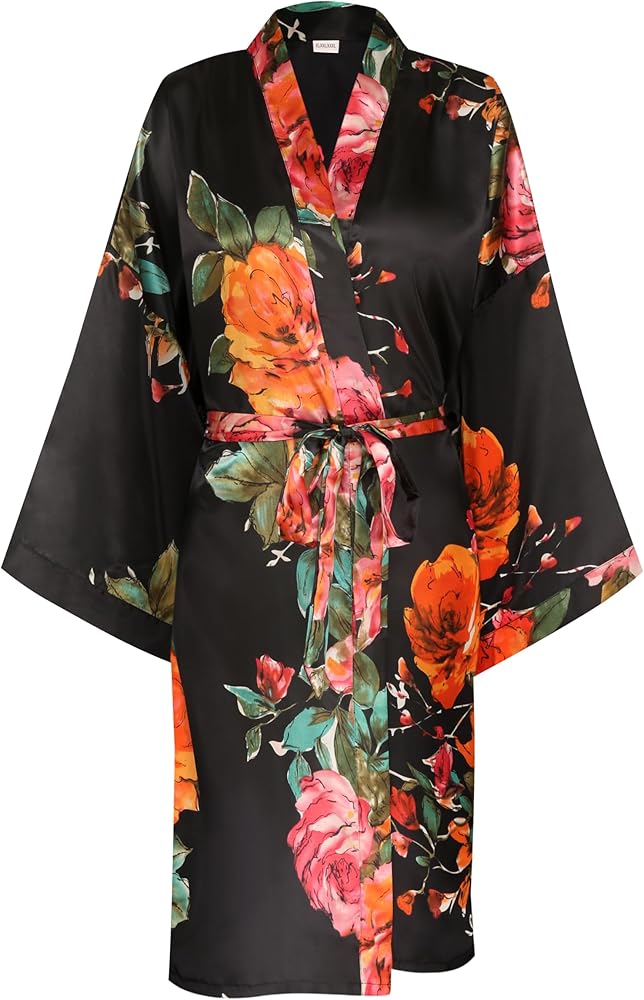 Women's Silk Floral Robe for Bride Bridesmaid Short Lightweight Kimono Bathrobe Loungewear