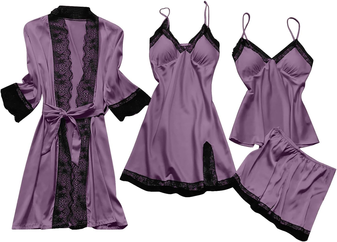 BOXIACEY Pajamas for Women Silk Pajama Set 4pcs Robe Babydoll Lingerie Satin Sleepwear Nightdress Lace Nightgown Set