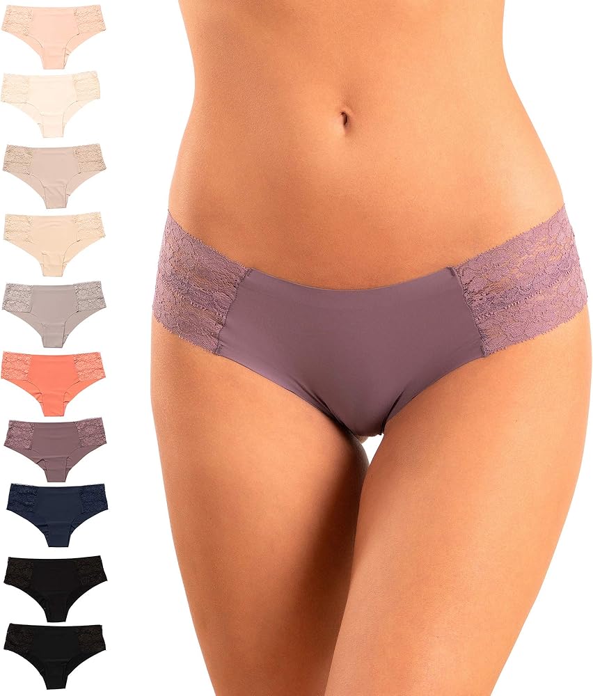 Women’s Seamless Cheeky Bikini Underwear, Pack of 10- Laser Cut, No Show Cheeky Panties With Lace