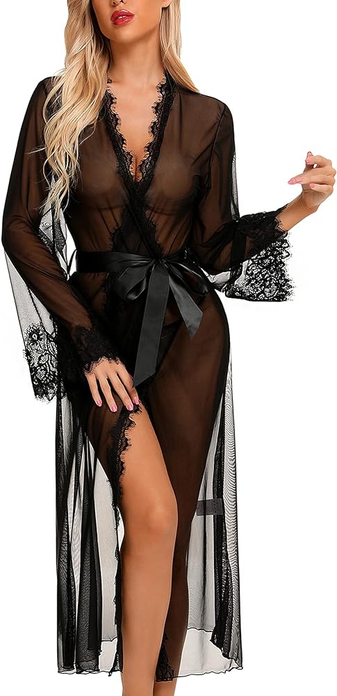 RSLOVE Lingerie for Women Sexy Long Lace Kimono Robe Mesh Chemise Lace Gown Swimsuit Cover Up