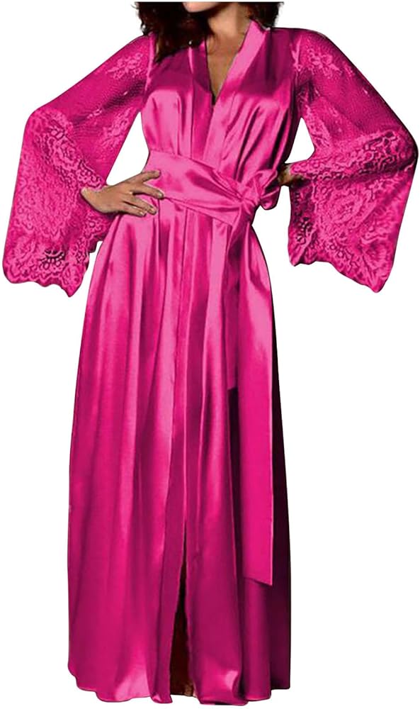 Women's Satin Kimono Robe Long Bridesmaid Nightdress With Lace Sleepshirt Temptation Sleepwear Wedding Bath Robe Pajamas