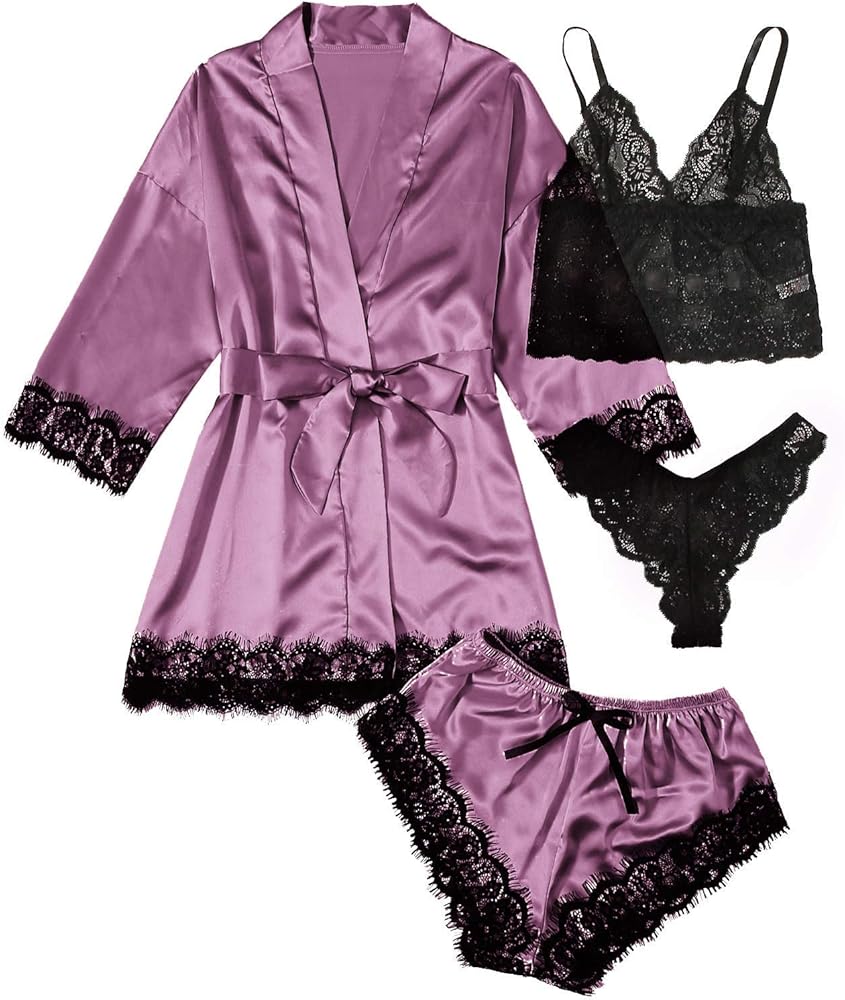 Women's 4pcs Sexy Sleepwear Silk Satin Pajamas Set Floral Lace Trim Cami Lingerie with Robe