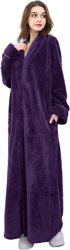 Hellomamma Womens Robes Warm Plush Winter Robe, Zip up Long Fleece Bath Robes Female, Zipper Bathrobes for Women