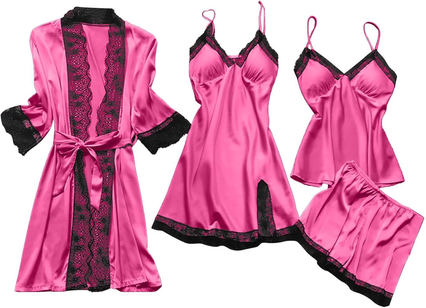 Pajamas for Women Silk Pajama Set 4pcs Robe Babydoll Lingerie Satin Sleepwear Nightdress Sexy Lace Nightgowns Sets