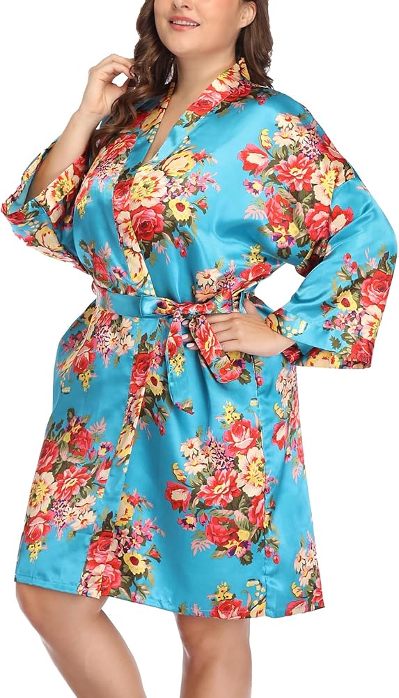 Women's Plus Size Robes Floral Satin Kimono Robe Bride Bridesmaid Getting Ready Robe Sleepwear for Wedding Party