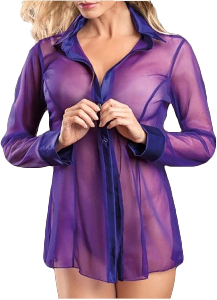 Women's Plus Sheer Mesh Long Sleeve Button Shirts Ladies Casual See Through Blouses Lingerie Tops Sexy Sleep Tshirt