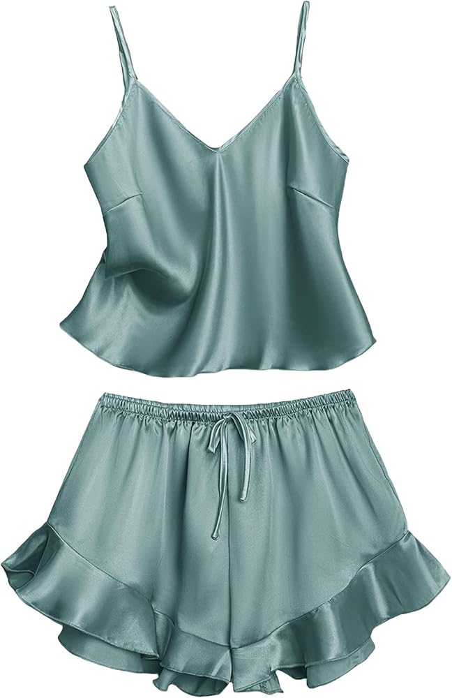 SOLY HUX Women's Sexy Silk Satin Ruffled Pajamas Sets Cami Shorts Sets Sleepwear