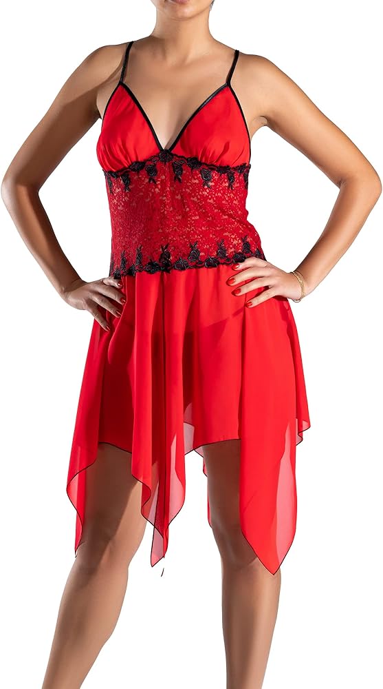 Red Lace Waist Nightgown V Neck Babydoll Sexy Lingerie Set For Women