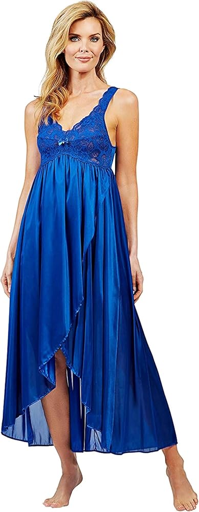 Shadowline Women's Nightgown Long Nylon Tulip Hem Gown Lace Top