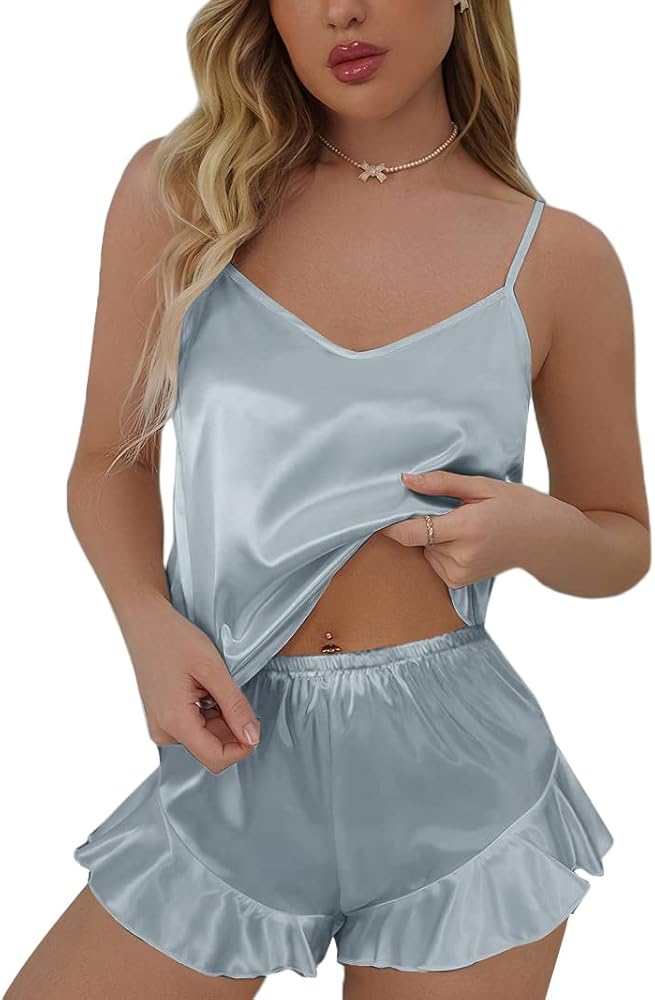 Samring Silk Pajamas for Women Satin Camisole Sleepwear Sexy Lingerie Cami Top with Ruffled Shorts Pajamas Sets