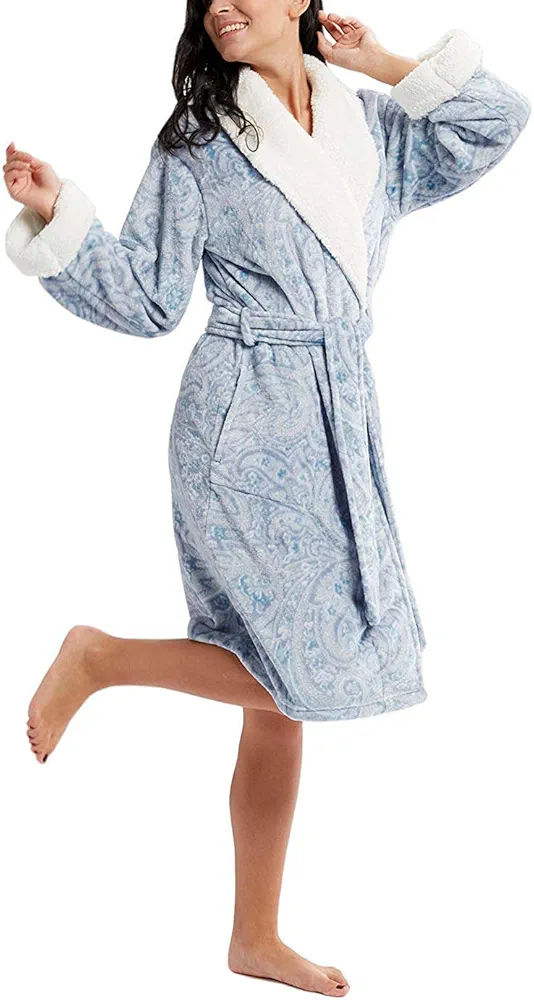 INK+IVY Plush Kimono Belted Robe for Women - Mid-Length Ladies Bathrobe Loungewear with Pocket, Collar & Cuff, Printed Paisley Blue, S/M