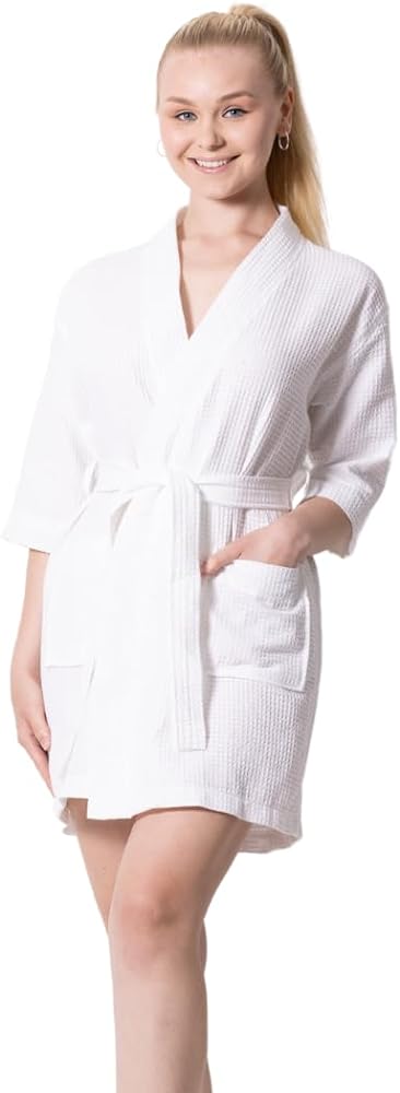 Premium Short Waffle Robe Cotton Polyester Blend, Waffle Square Weave Robe