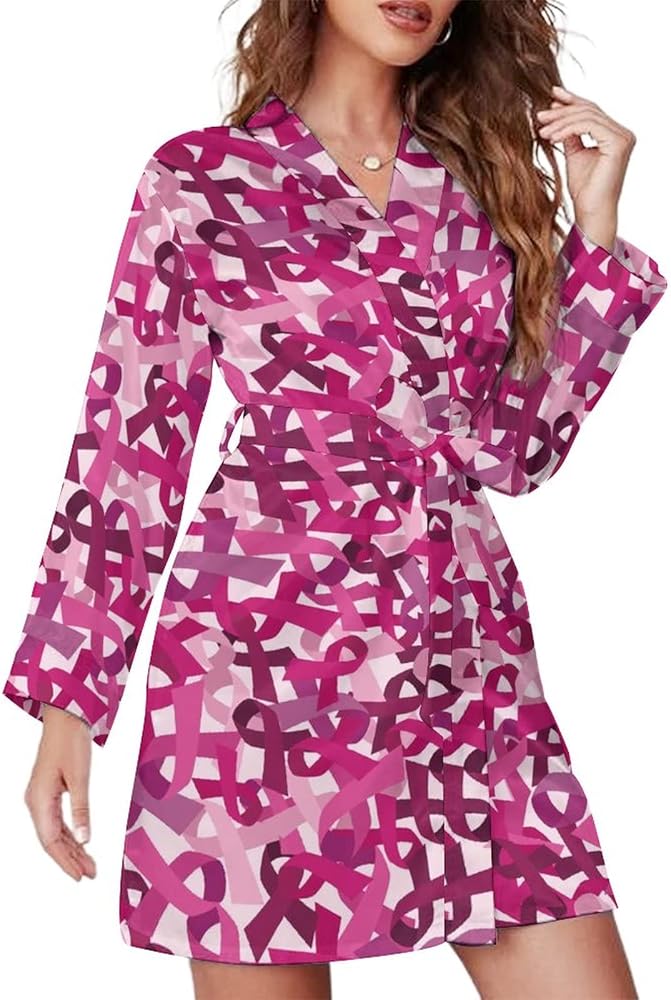 Pink Ribbon Breast Cancer Awareness Short Robes For Women With Belt Long Sleeve Womens Nightgown Soft Bathrobe Loungewear