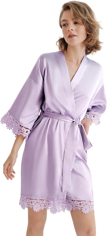 SIORO Women's Satin Robe Lace Silk Kimono Robes Short for Bridesmaid Wedding Party Nightgown Print 2 Medium