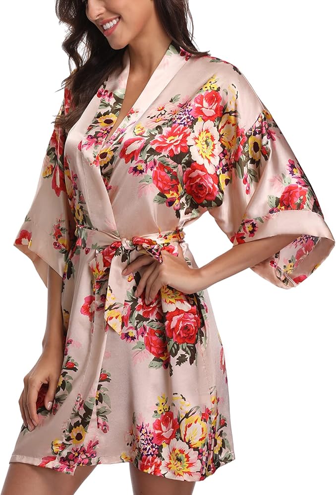 Women's Floral Satin Robes Bride Bridesmaid Getting Ready Robe Short Silky Kimono Sleepwear for Wedding Party