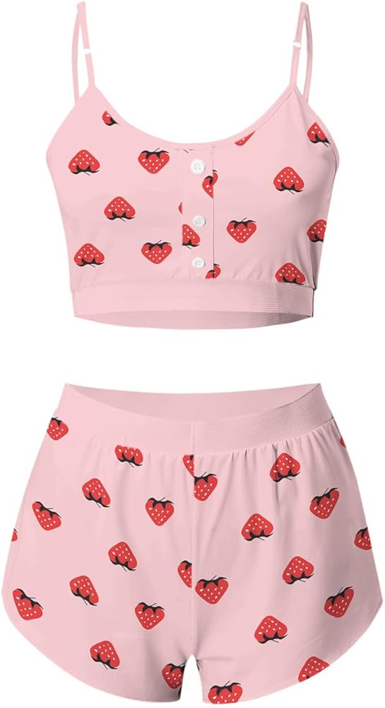 FYMNSI Women's Cute Pajamas 2 Piece Pj Sets Strawberry Cami Crop Tops Shorts Summer Kawaii Lounge Set Sleepwear Nightwear