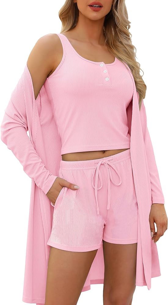 SWOMOG Women's 3 Piece Ribbed Knit Lounge Sets Pajama Sets Cardigan Loungewear Robe Tank Top and Shorts with Pockets