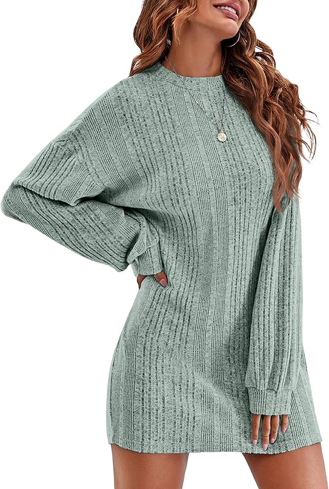 Ekouaer Women Nightgowns Long Sleeve Ribbed Knit Night Shirts Crew Neck Sleepwear Soft Sweater Dress