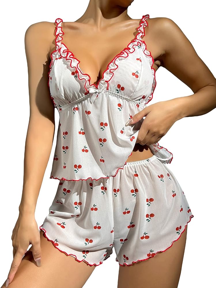 SOLY HUX Women's Cute Print V Neck Sleeveless Cami Tops with Shorts Two Piece Lingerie Pajama Set Sleepwear