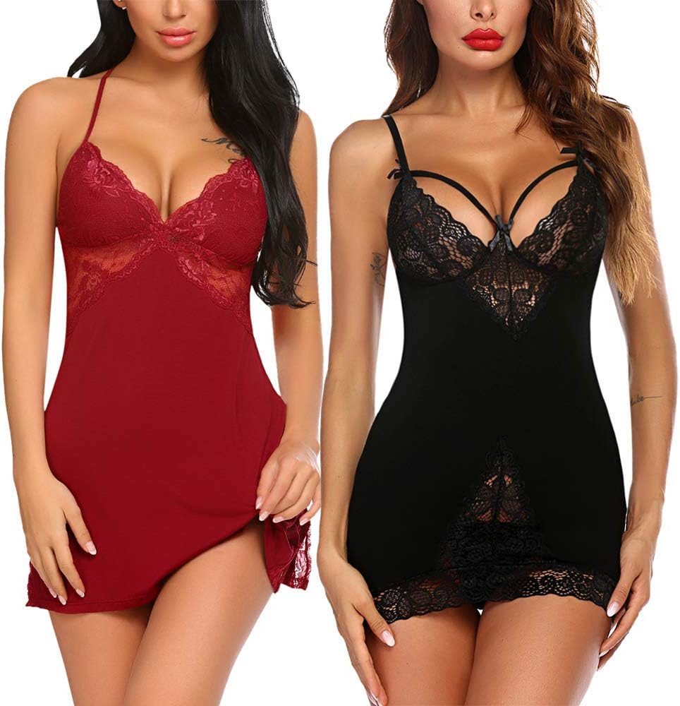 Avidlove Women Chemises Lingerie Lace Babydoll Sleepwear Sexy Full Slips Mini Dress 2 Pack