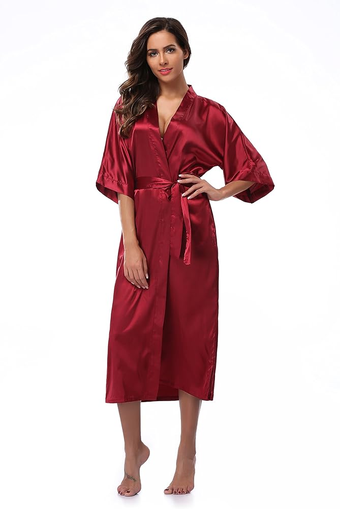 Women Long Satin Robes Soft Silk Robes Lightweight Silky Sleepwear V-Neck for Women