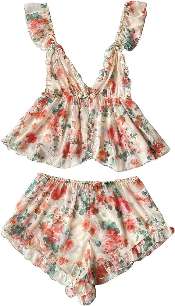 Verdusa Women's 2 Piece Floral Print Mesh Ruffled Peplum Cami Top and Shorts Pajama Sets