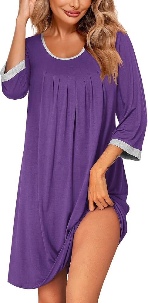 Ekouaer Women's Pleated Nightgown Soft Sleep Shirt 3/4 Sleeve Pajama Dress Scoopneck Sleep Tee Nightshirt Sleepwear S-3XL