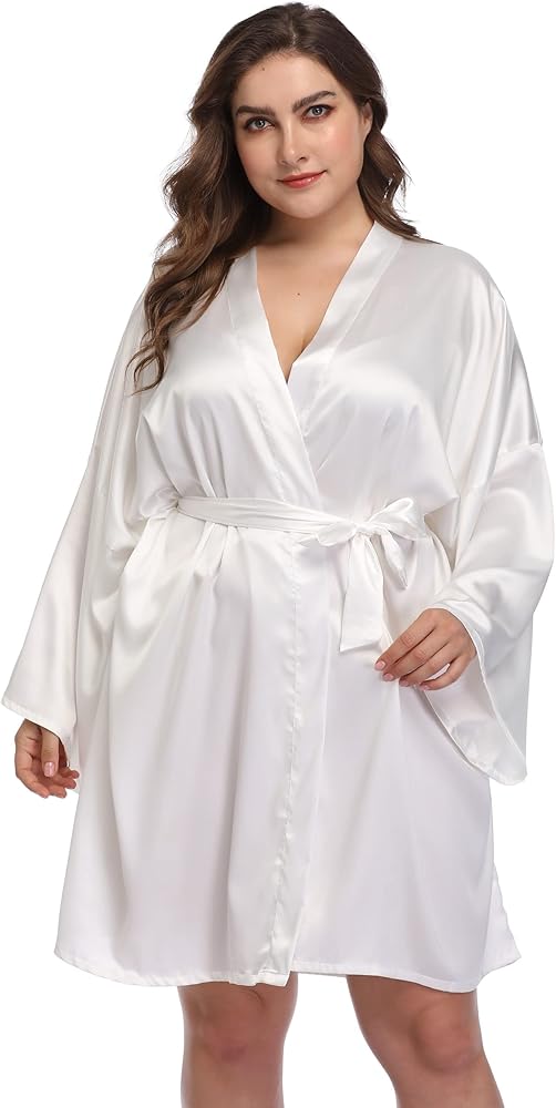 Women's Plus Size Silk Short Robes Lightweight Satin Kimono Bathrobe Silky Bride Bridesmaids Sleepwear