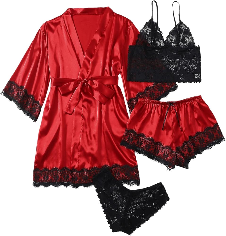 WDIRARA Women' Silk Satin Pajamas Set 4pcs Lingerie Floral Lace Cami Sleepwear with Robe