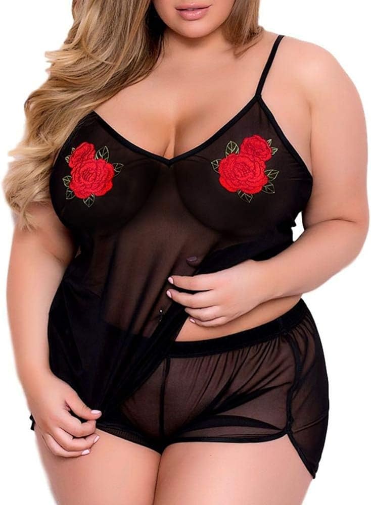 Plus Size Lingerie for Women, Sexy See Through Rose Cami Set Sheer Mesh Top Short Pajamas Sleepwear