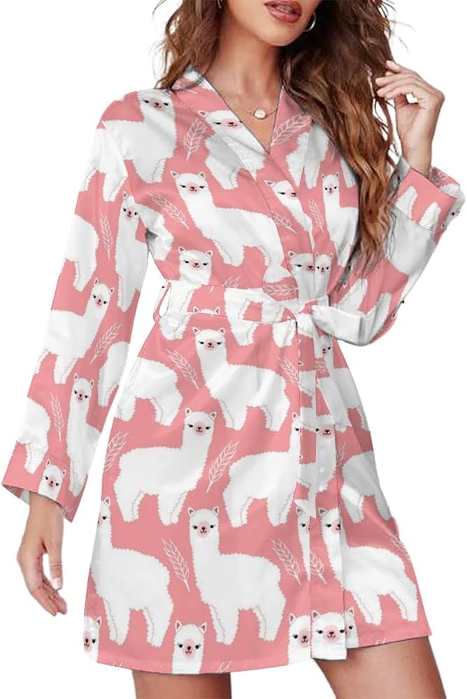 Pink Llama Alpaca Short Robes For Women With Belt Long Sleeve Womens Nightgown Soft Bathrobe Loungewear