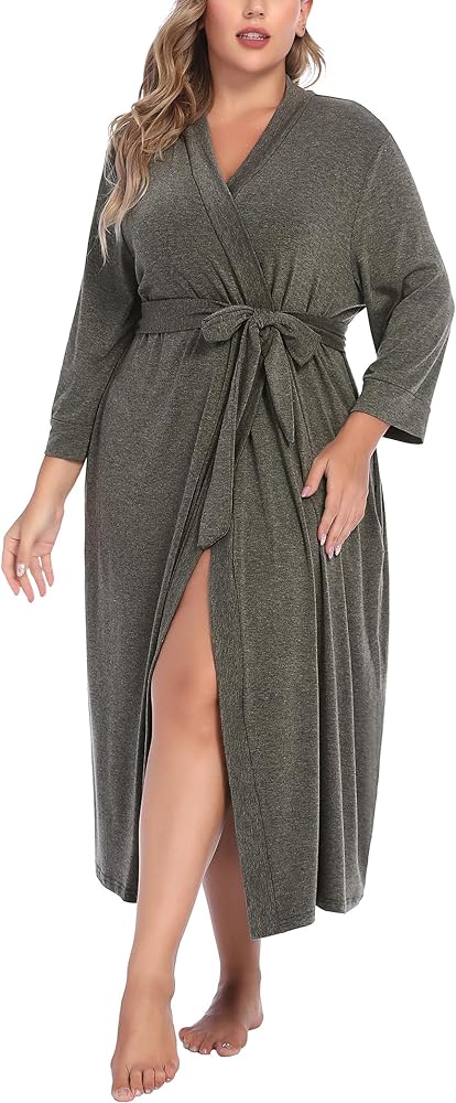 IN'VOLAND Womens Plus Size Kimono Robes Long Knit Bathrobe V Neck Ladies Loungewear Lightweight Soft Sleepwear 1X-5X