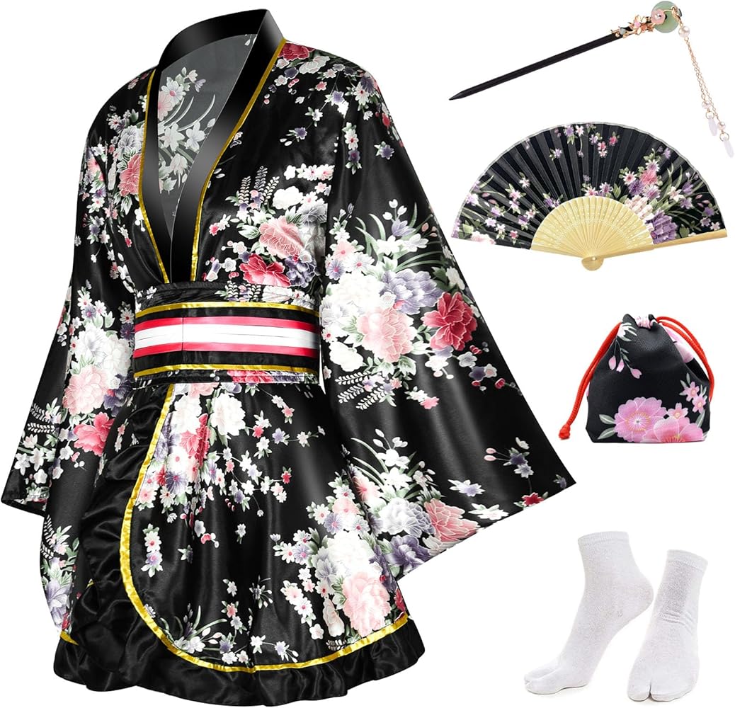 PLULON 5 Pcs Women's Japanese Kimono Robe Short Floral Print Kimono Dress Sexy Geisha Yukata Satin Bathrobe with Accessories