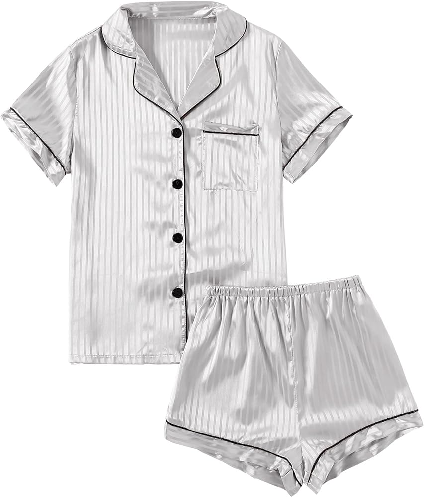 LYANER Women's Striped Silky Satin Pajamas Short Sleeve Top with Shorts Sleepwear PJ Set