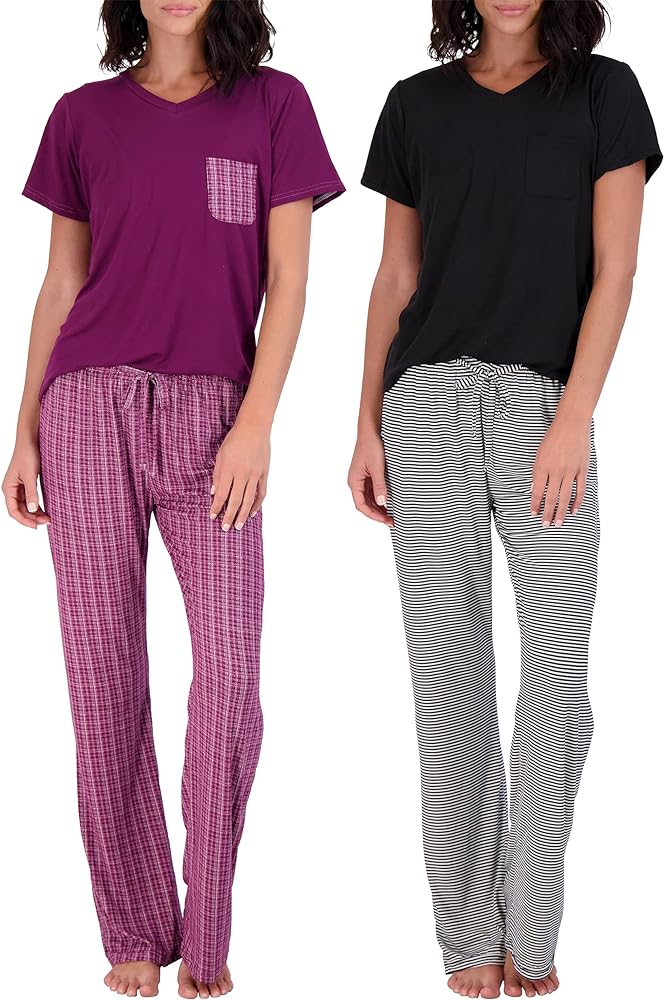 Real Essentials 2 Pack: Women's Pajama Set - Choose from Short Sleeve with Pocket or Long Sleeve without Pocket