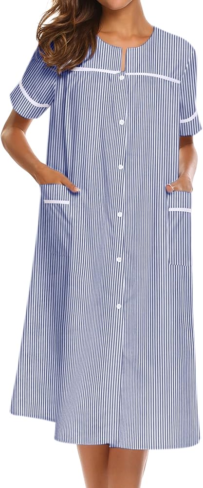 Ekouaer House Dress for Women with Pockets Button Down Duster Housecoat Short Sleeve Patio Dress Nightgown S-XXXL