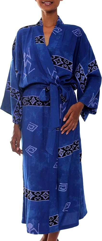 NOVICA Handcrafted Blue Batik Robe for Women - 53" Kimono Style Lightweight Summer Robe with Knee-Length Cut and Patterned Design, Deep Blue Sea'