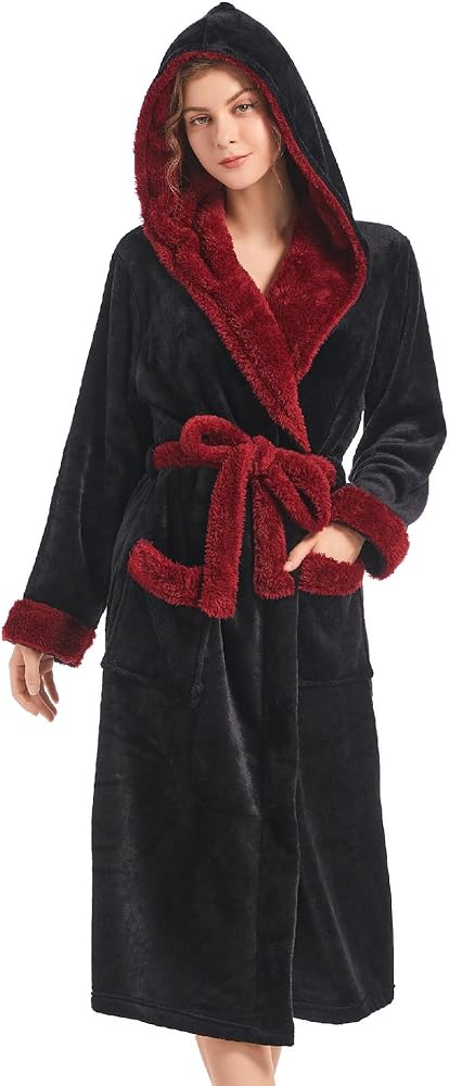 Inner Wish Women Hooded Plush Robe, Fleece Cozy Warm Bathrobe