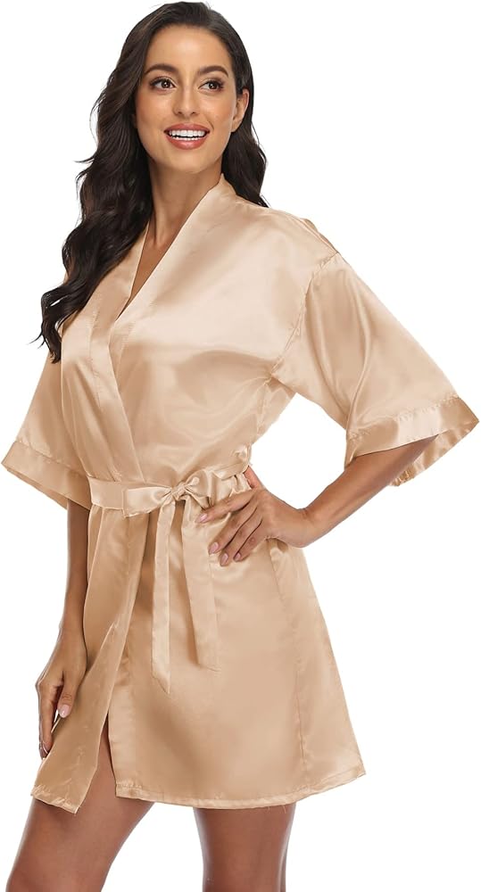 Women's Satin Robes Silk Short Kimono Lightweight Bathrobe Silky Bride Bridesmaids for Wedding Gift Sleepwear