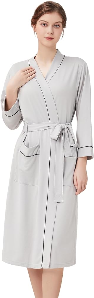 Womens Lightweight Robe, Knit Kimono Robe for Women Spa Cozy Sleepwear Knee Length Bathrobe with Pockets