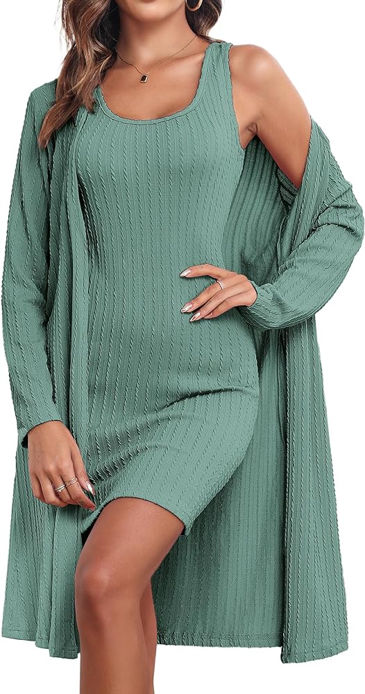 Ekouaer Robe Sets for Women Sleepwear Rib Knit Bodycon Nightgown with Robes Set 2 Piece Soft Lightweight Loungewear