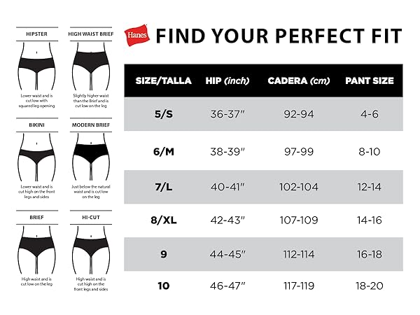 Hanes underwear size chart by style. Find your perfect fit.