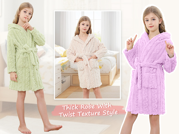 Girls Womens Twist Fleece Robes, Hooded Soft Warm Bath Robe for Kids Womens Fuzzy Bathrobe